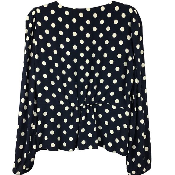 J Crew Navy Blue Cream Polka Dot Silky Peplum Crepe Fitted Button Up Down Top 10 - Picture 5 of 9